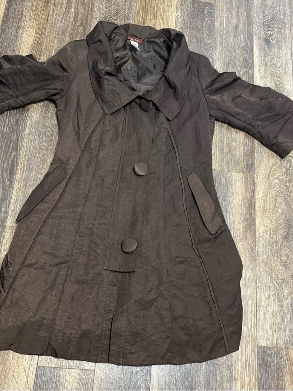 DESIGN TODAY'S Brown Taffeta Semi-Fitted Knee Length Jacket Small - Picture 12 of 12